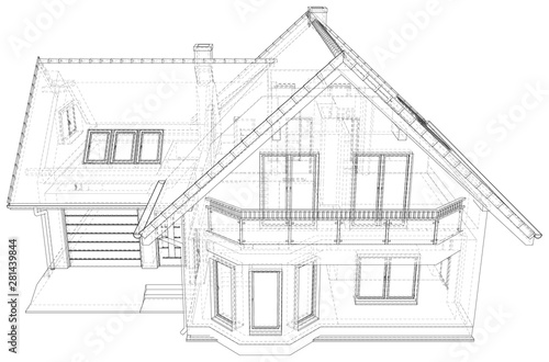 Wireframe blueprint drawing of 3D house - Vector illustration.