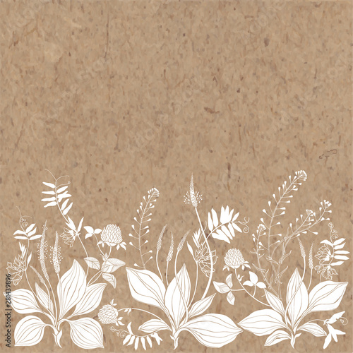 Floral background with wildflowers, herbs and space for text on kraft paper. Invitation, greeting card or an element for your design. Vector. Silhouette.