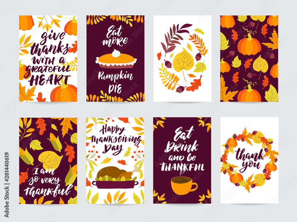 Autumn and Thanksgiving day set of greeting cards