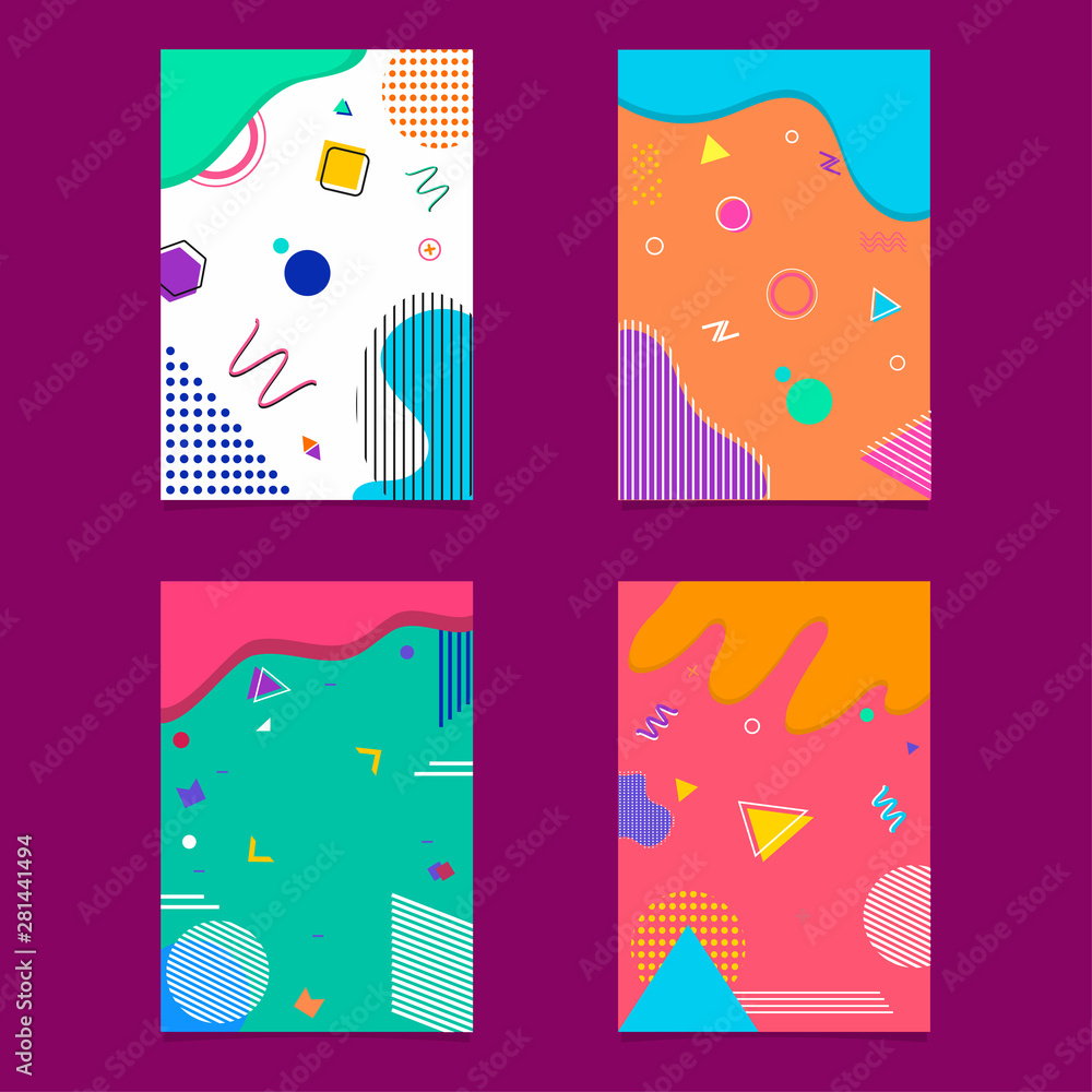 Memphis style abstract flyer set, colorful designs for print or web.