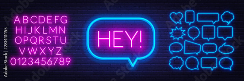 Neon sign hey . Set of neon speech bubbles and the alphabet on a dark background.