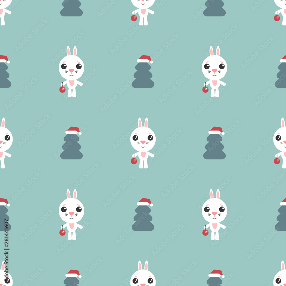 Vector seamless background. Cartoon bunny. Cute rabbitt with new year ball. Funny character and christmas tree. Happy new year. Symbol of the year in the Eastern calendar.