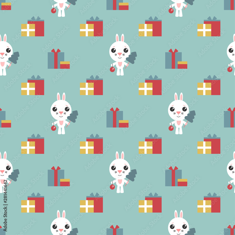 Vector seamless background. Cartoon bunny. Cute rabbitt with christmas tree and new year ball. Funny character with presents. Happy new year. Symbol of the year in the Eastern calendar.
