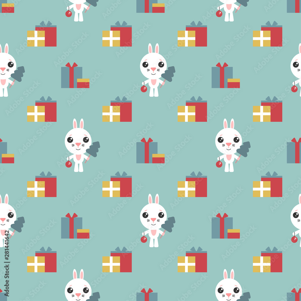Vector seamless background. Cartoon bunny. Cute rabbitt with christmas tree and new year ball. Funny character with presents. Happy new year. Symbol of the year in the Eastern calendar. Vector seamless background. Cartoon bunny. Cute rabbitt with christmas tree and new year ball. Funny character with presents. Happy new year. Symbol of the year in the Eastern calendar.