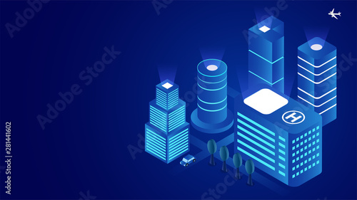 Futuristic smart city concept based isometric design with skyscraper buildings on blue background.