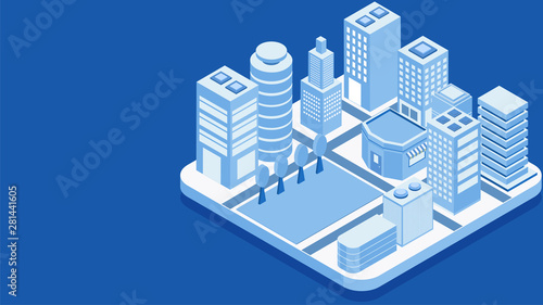 Isometric illustration of skyscraper buildings on blue background for Smart City concept based advertising banner design.