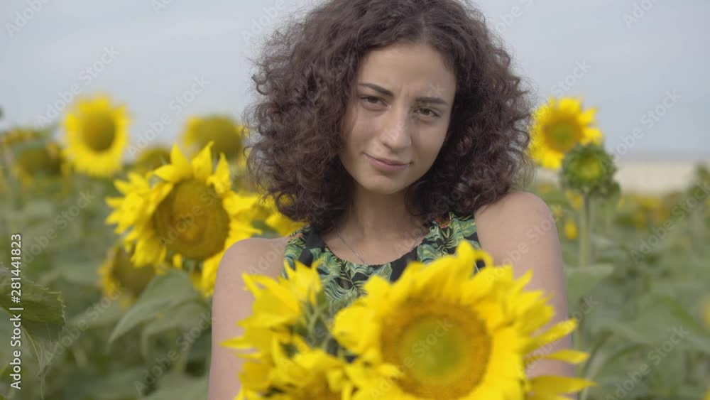 Portrait of beautiful curly playful girl looking at the camera smiling standing in the sunflower field. Bright yellow color. The girl holding a bouquet of sunflowers. Happy woman outdoors Portrait of beautiful curly playful girl looking at the camera smiling standing in the sunflower field. Bright yellow color. The girl holding a bouquet of sunflowers. Happy woman outdoors