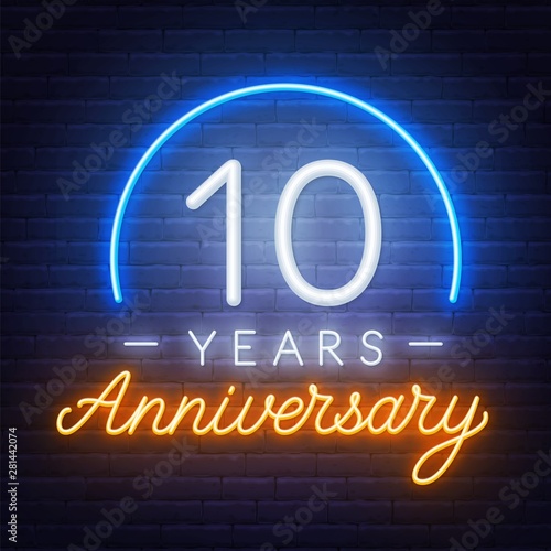 10 anniversary Celebration neon sign on a dark background.