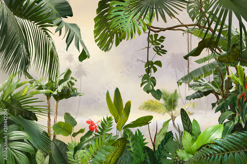 Tela adorable background design with tropical palm and banana leaves, can be used as