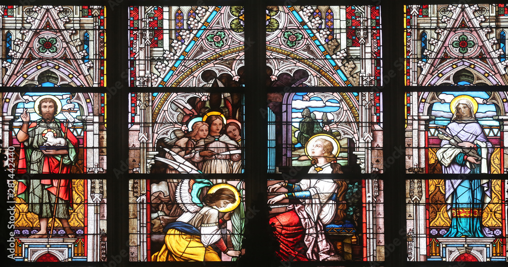 Saint Cecilia, stained glass in Minoriten kirche in Vienna, Austria 