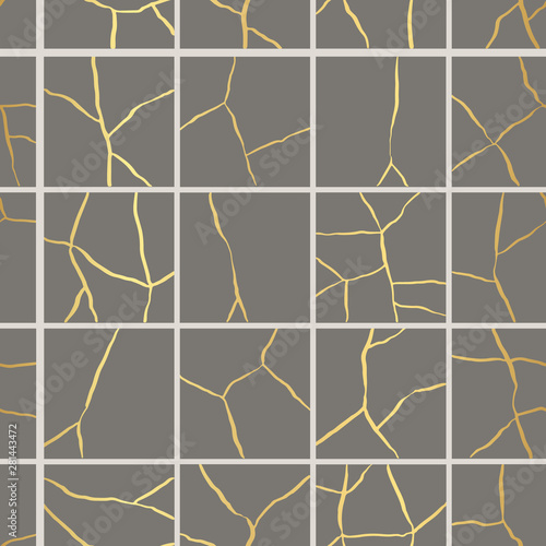Vector seamless pattern of golden craquelure on tiles. Kintsugi grunge texture, consisting of fine cracks on paving. Vector grunge background.