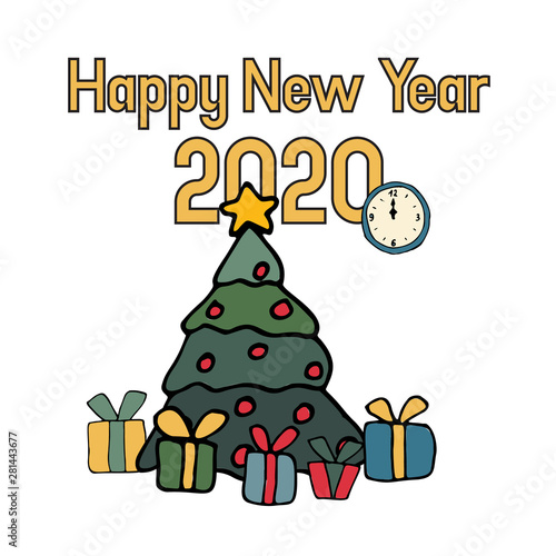 Happy New Year 2020 with fir tree, gifts, clock