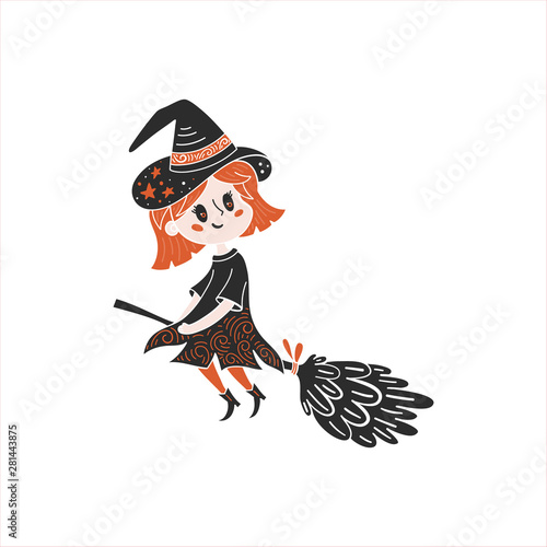 Halloween illustration with witch girl on broom