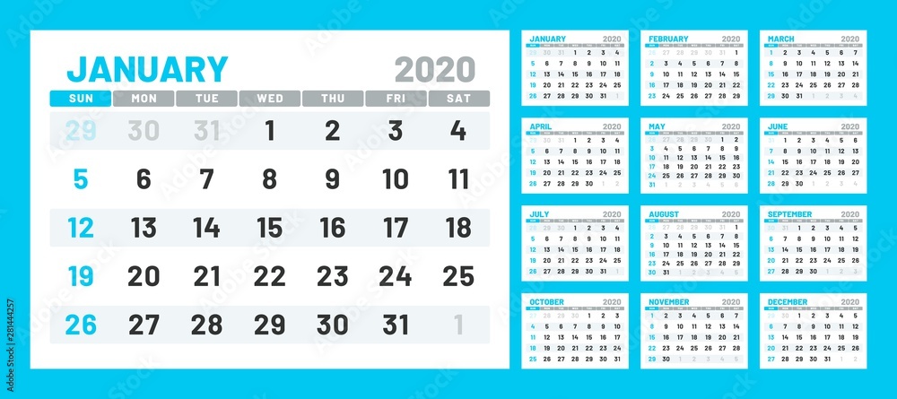 Calendar for 2020 year in clean minimal table simple style. Week Starts on Sunday. Set of 12 Months. Calendar for 2020 year in clean minimal table simple style. Week Starts on Sunday. Set of 12 Months.