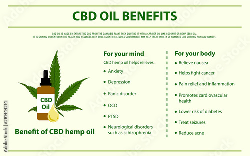 CBD Oil Benefits horizontal infographic illustration about cannabis as herbal alternative medicine and chemical therapy, healthcare and medical science vector.