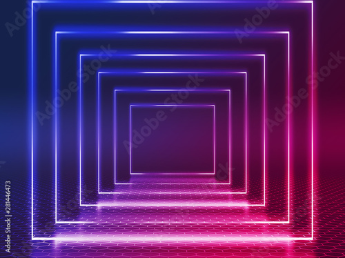 Empty background scene. Dark reflection of the street on the wet asphalt. Rays of blue and red neon light in the dark, neon figures, smoke. Background of empty stage show. Abstract dark background.