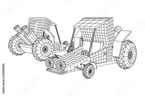 Off road dune buggy car. Terrain vehicle. Outdoor car racing, extreme sport oncept. Wireframe low poly mesh vector illustration
