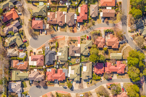 Aerial view of streets and rooftops in the suburb of Holt in Canberra, Australia