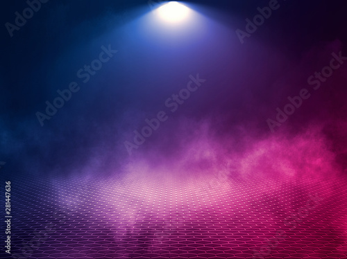 Empty background scene. Dark reflection of the street on the wet asphalt. Rays of blue and red neon light in the dark, neon figures, smoke. Background of empty stage show. Abstract dark background.