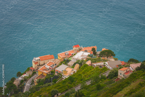 Houses beneath The Terrace of Infinity or Terrazza dell'Infinito, Villa Cimbrone, Ravello  village, Amalfi coast of Italy
