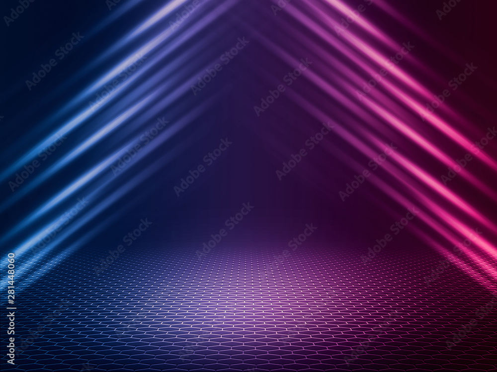 Empty background scene. Dark reflection of the street on the wet asphalt. Rays of blue and red neon light in the dark, neon figures, smoke. Background of empty stage show. Abstract dark background. Empty background scene. Dark reflection of the street on the wet asphalt. Rays of blue and red neon light in the dark, neon figures, smoke. Background of empty stage show. Abstract dark background.