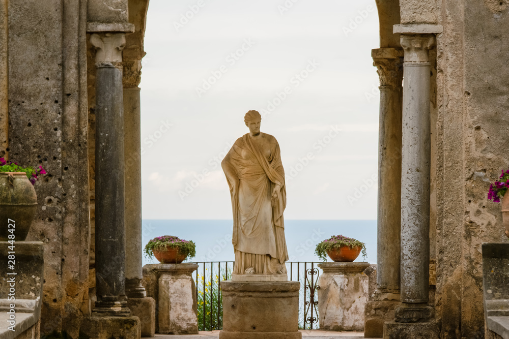 Arch with a statue at the entrance to the Terrace of Infinity or Terrazza dell'Infinito, Villa Cimbrone, Ravello  village, Amalfi coast of Italy