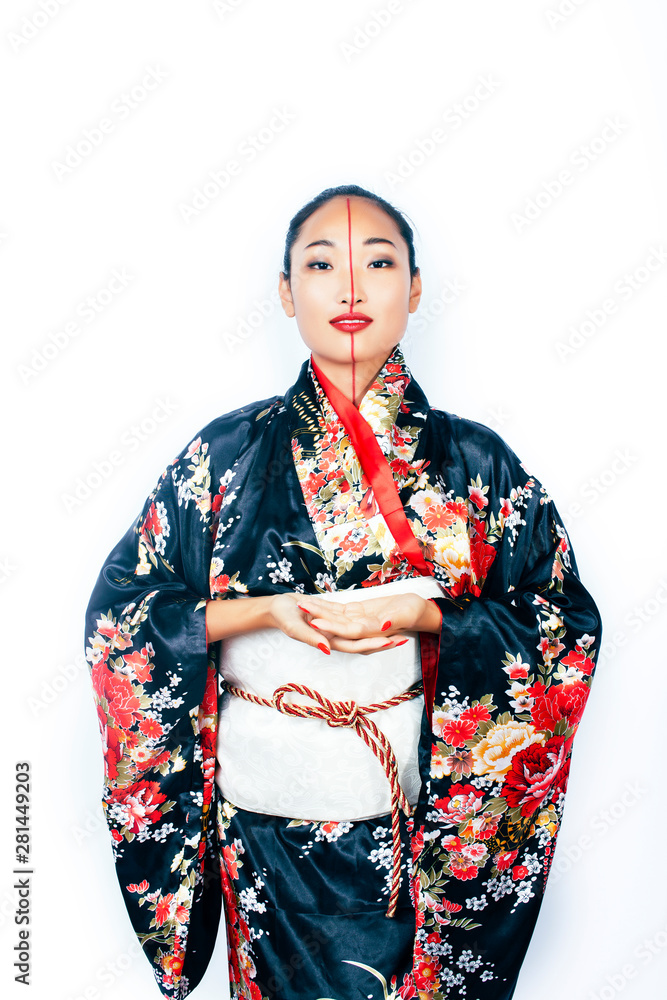 young pretty real geisha in kimono with sakura and decoration on white background isolated young pretty real geisha in kimono with sakura and decoration on white background isolated