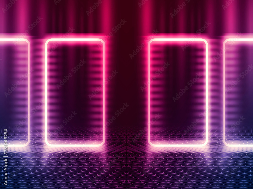 Empty background scene. Dark reflection of the street on the wet asphalt. Rays of blue and red neon light in the dark, neon figures, smoke. Background of empty stage show. Abstract dark background. Empty background scene. Dark reflection of the street on the wet asphalt. Rays of blue and red neon light in the dark, neon figures, smoke. Background of empty stage show. Abstract dark background.