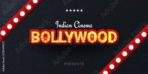 Bollywood indian cinema. Movie banner or poster in retro style with hand draw doodle background. photo