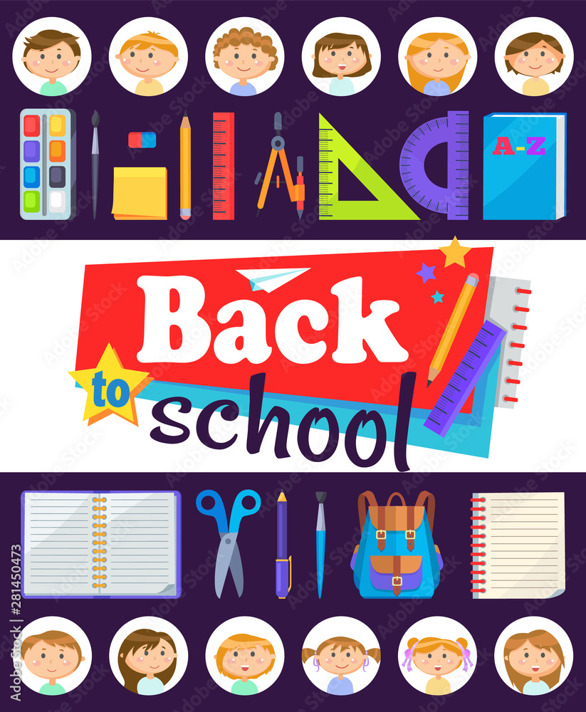 Back to school time, office stationary and face of girls and boys in round icons. Pen and pencil, backpack and notebook, ruler and dividers on purple vector Back to school time, office stationary and face of girls and boys in round icons. Pen and pencil, backpack and notebook, ruler and dividers on purple vector