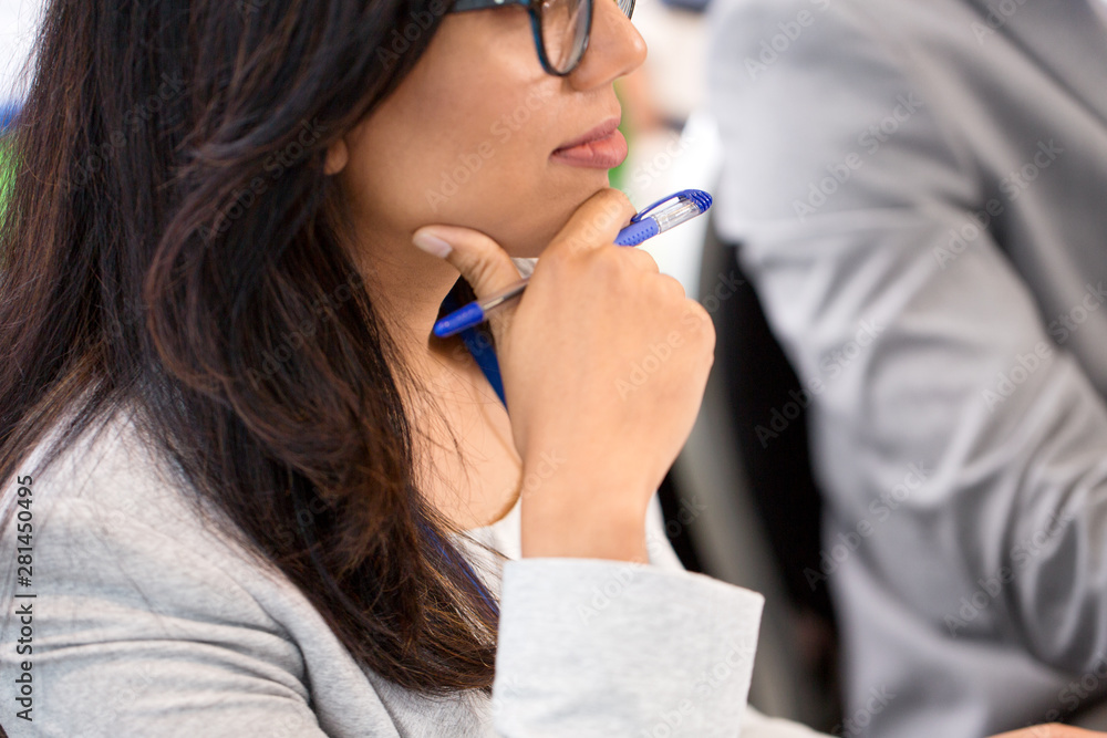 business and people concept - close up of businesswoman at conference business and people concept - close up of businesswoman at conference