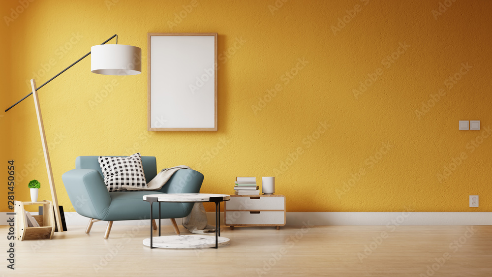 Fototapeta premium Interior poster mock up living room with colorful white sofa . 3D rendering.