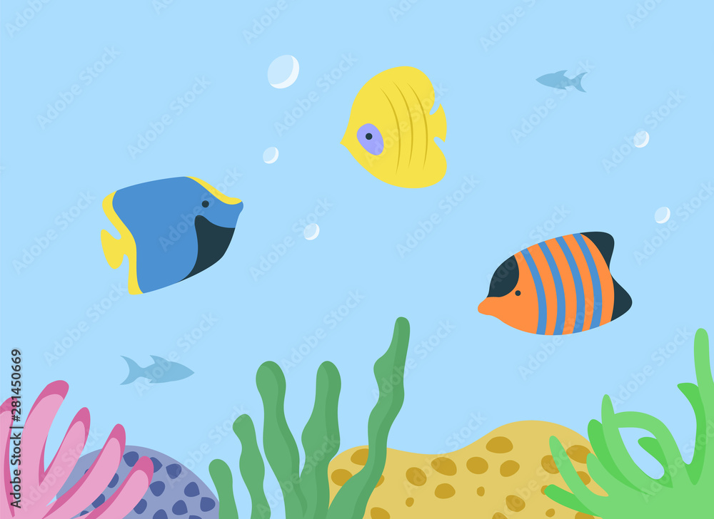 Naklejka premium Underwater seascape with sea or ocean fish species aquarium habitats. Vector striped orange, blue and yellow anemones, swimming animals in tank with corals