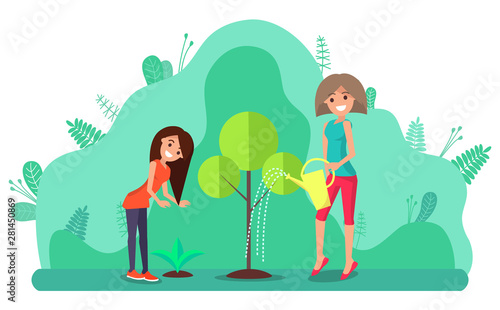 Women in yard watering tree. Female gardener cultivating plants. Leaf seeding sproating from soil. Horticulture and floriculture, garden village vector
