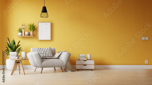 Interior poster mock up living room with colorful white sofa . 3D rendering.