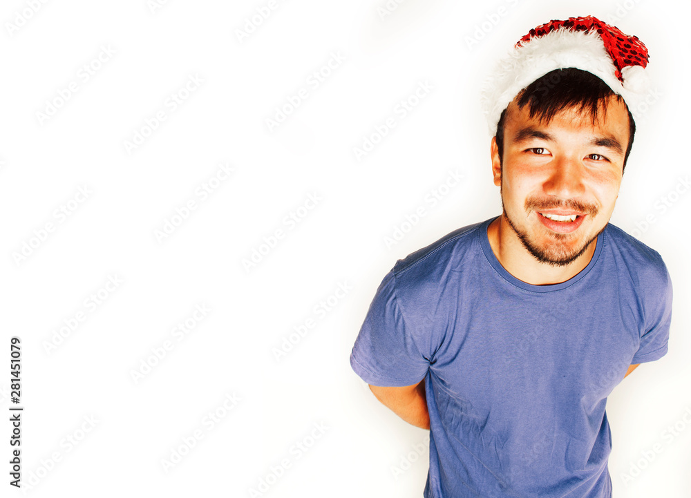 funy exotical asian Santa claus in new years red hat smiling funy exotical asian Santa claus in new years red hat smiling