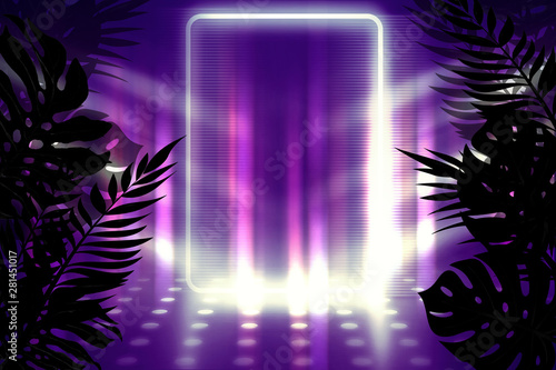 Background of empty dark scenes with neon lights and shapes, smoke. Silhouettes of tropical palm leaves in the foreground. Bright futuristic abstract background