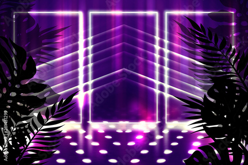 Background of empty dark scenes with neon lights and shapes, smoke. Silhouettes of tropical palm leaves in the foreground. Bright futuristic abstract background © Laura Сrazy