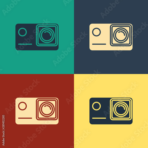 Color Action extreme camera icon isolated on color background. Video camera equipment for filming extreme sports. Vintage style drawing. Vector Illustration