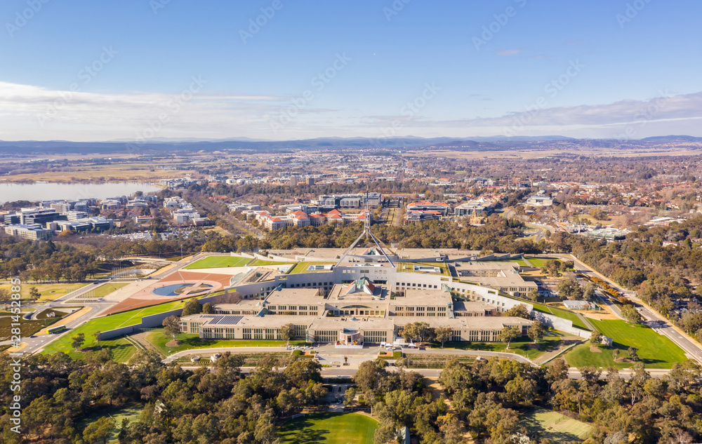 Aerial view of Australian Parliament House in Canberra, the capital city of Australia