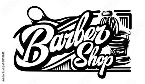 Stylish retro badge with scissors and armchair for barbershop