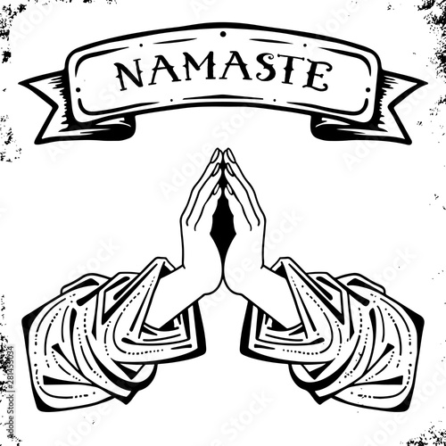Namaste mudra. Hands on the elbow with drapery clothes.Symbol of Buddhism. Ritual Indian greeting.Vector EPS isolated illustration