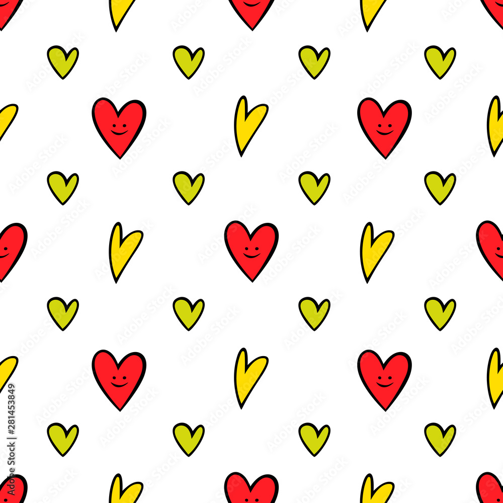 Heart shape hand drawn doodle style colorful seamless pattern. Vector illustration for wrapping, wallpaper or textile design.