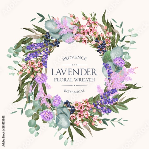 Vector card with high detailed lavender wreath