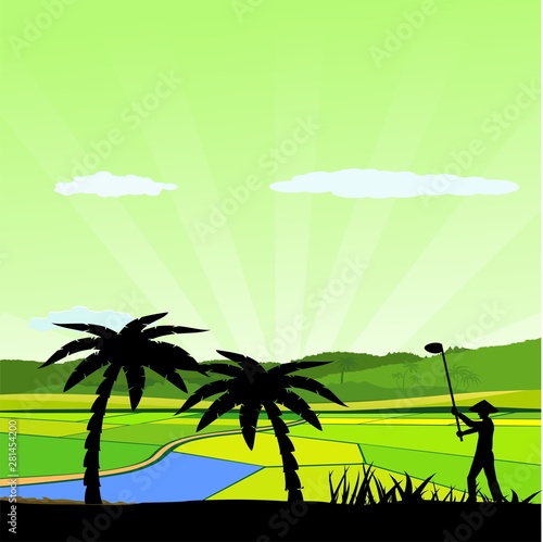 Chinese asian farm silhouette vector landscape, vector countryside asian backgound, peasant plowing the land silhouette, trees silhouette