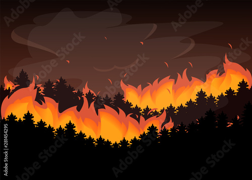 Wild fire in the forest. Natural disaster, red flame