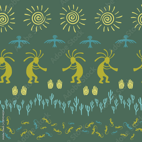 Traditional  design with gecko  Kokopelli fertility god  sun  bird  cacti.