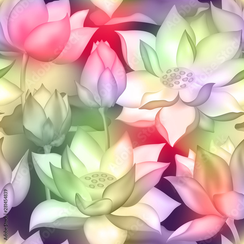 Lotus buds and flowers seamless background., Water lilly nelumbo aquatic plant illustration.