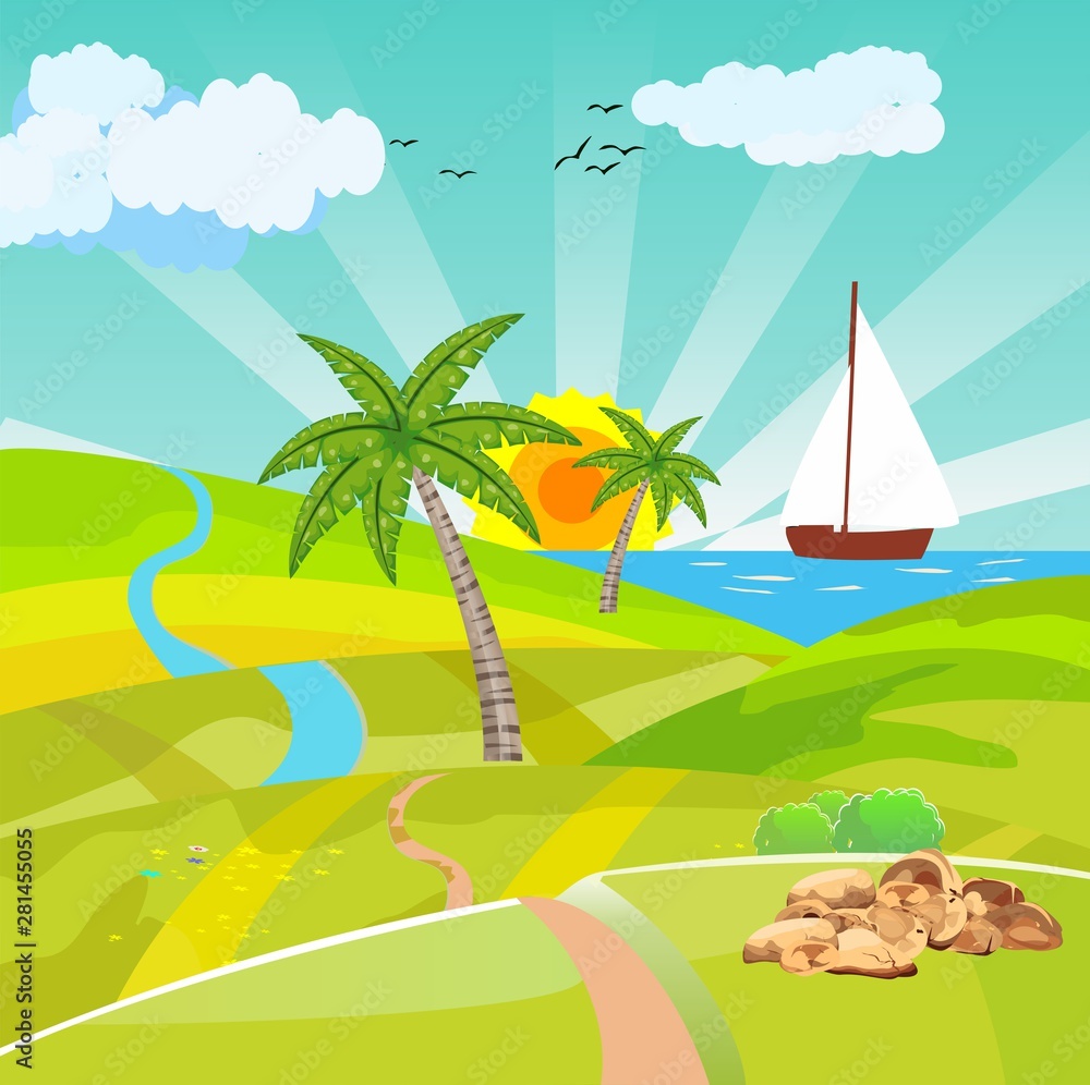 Countryside vector illustration, ship in the ses, the green hills, outdoor vector