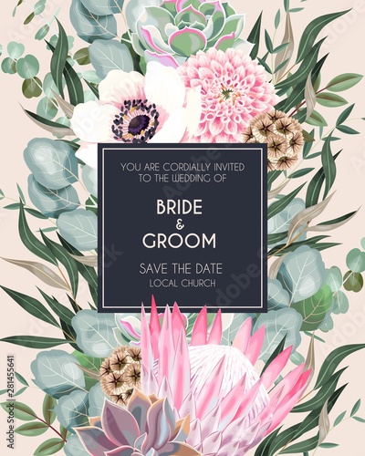 Vintage wedding card with flowers and greenery